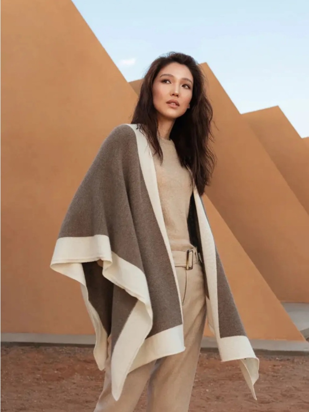 Goli Organic Cream and Taupe  Women's 100% Mongolian Cashmere  Poncho Sweater